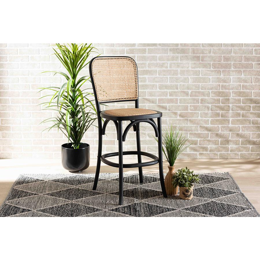 Vance Mid-Century Modern Brown Woven Rattan and Black Wood Cane Counter Stool