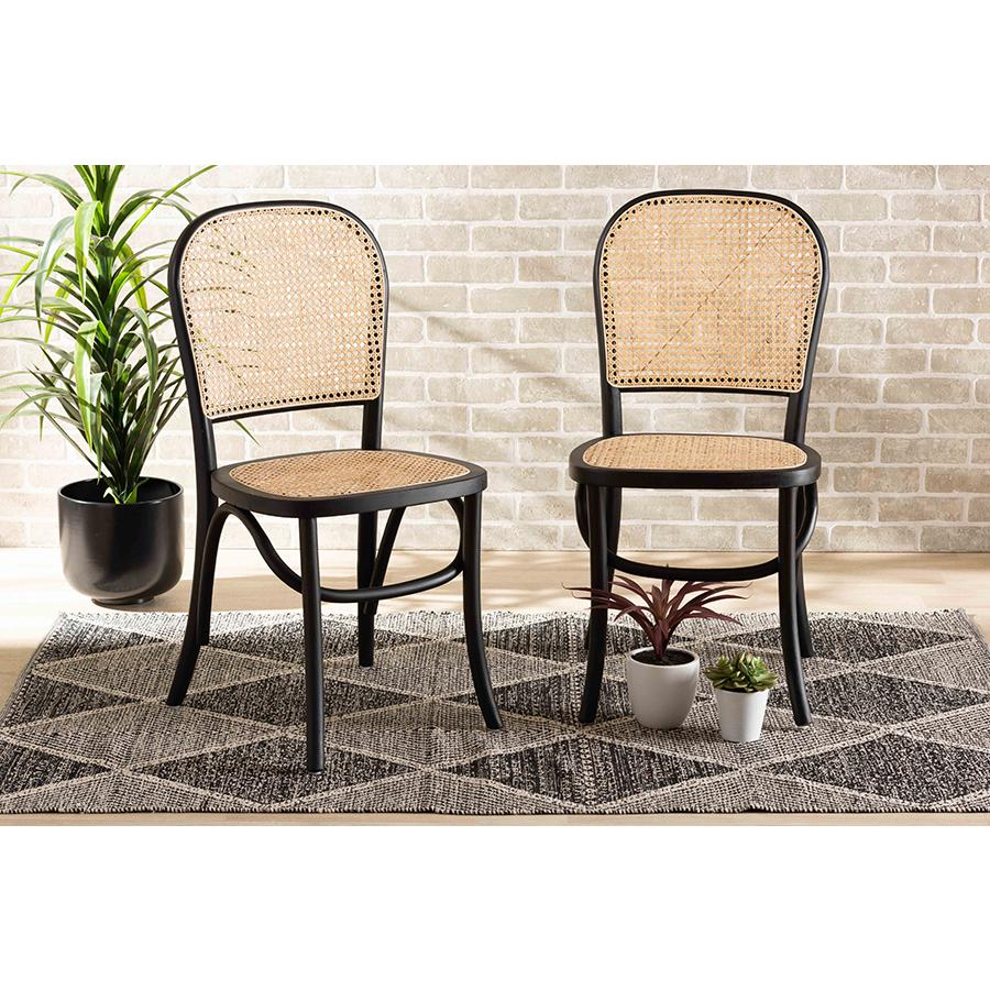 Brown Woven Rattan and Black Wood 2-Piece Cane Dining Chair Set