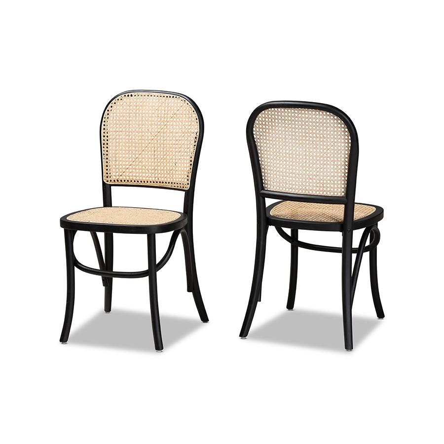 Brown Woven Rattan and Black Wood 2-Piece Cane Dining Chair Set