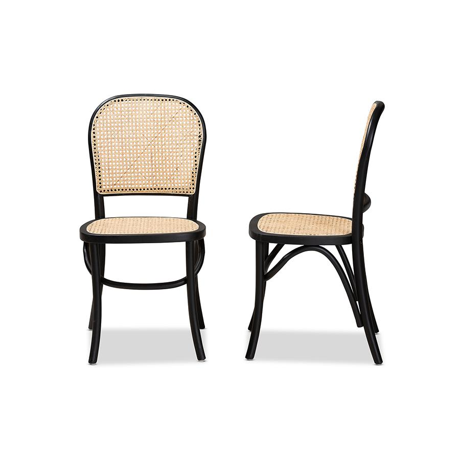 Brown Woven Rattan and Black Wood 2-Piece Cane Dining Chair Set