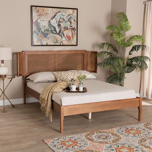 Baxton Studio Eridian Mid-Century Modern Walnut Brown Finished Wood and Natural Rattan Queen Size Platform Bed