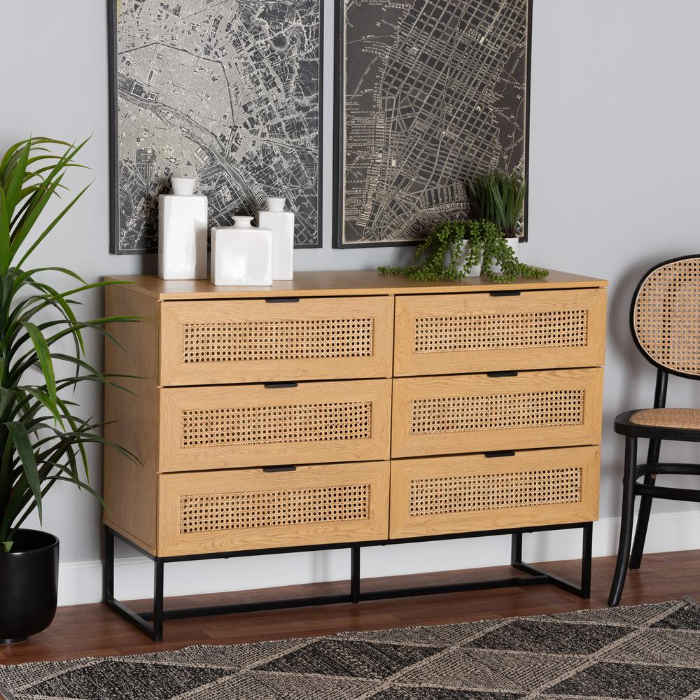 Baxton Studio Sawyer Mid-Century Modern Industrial Oak Brown Finished Wood and Black Metal 6-Drawer Storage Cabinet with Natural Rattan