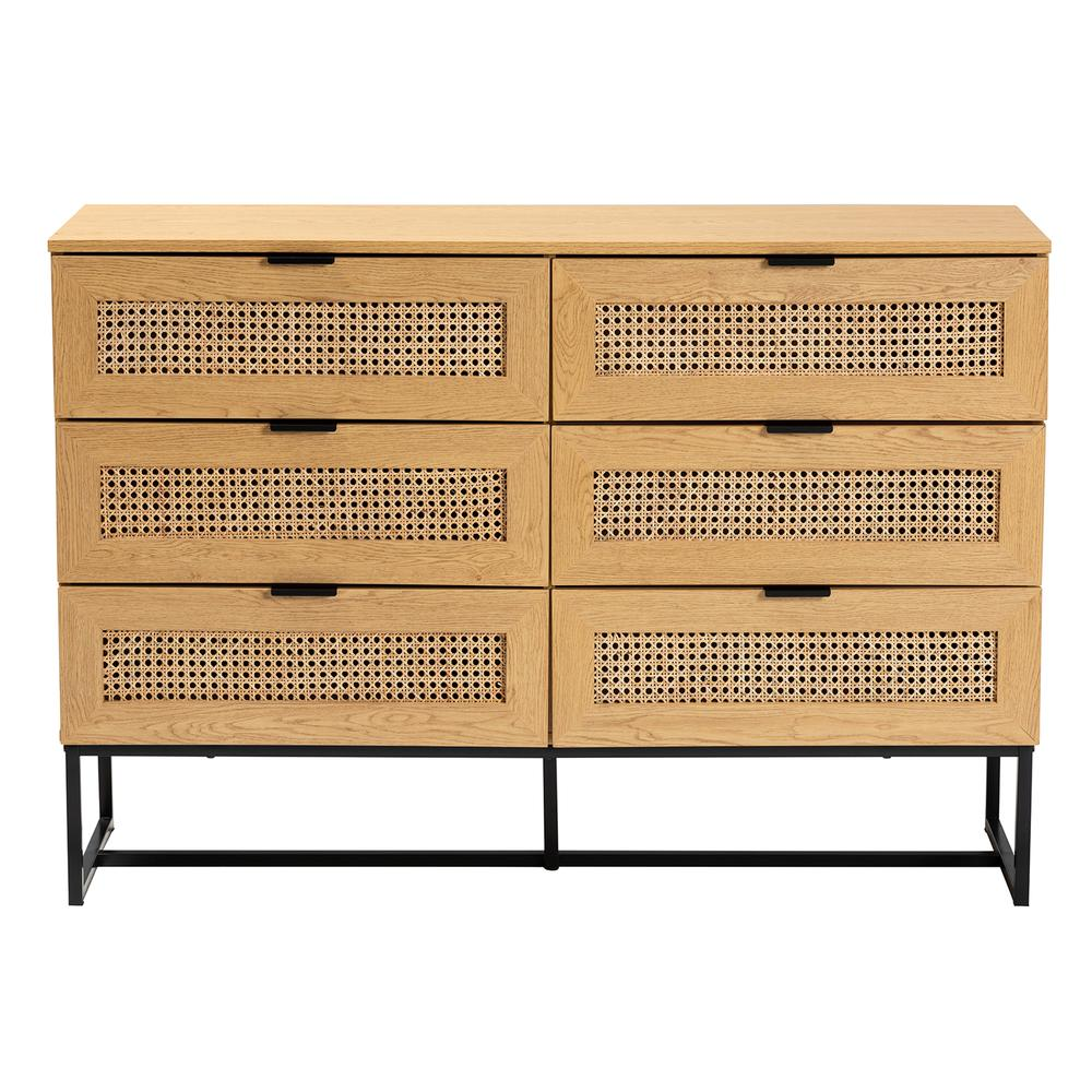 Baxton Studio Sawyer Mid-Century Modern Industrial Oak Brown Finished Wood and Black Metal 6-Drawer Storage Cabinet with Natural Rattan