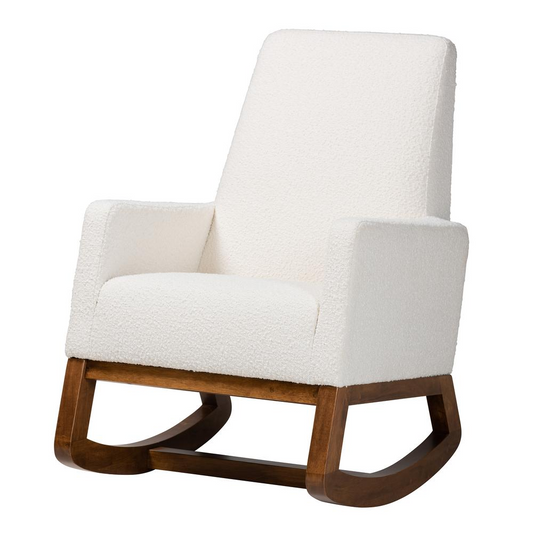 Off-White Boucle Upholstered and Walnut Brown Finished Wood Rocking Chair