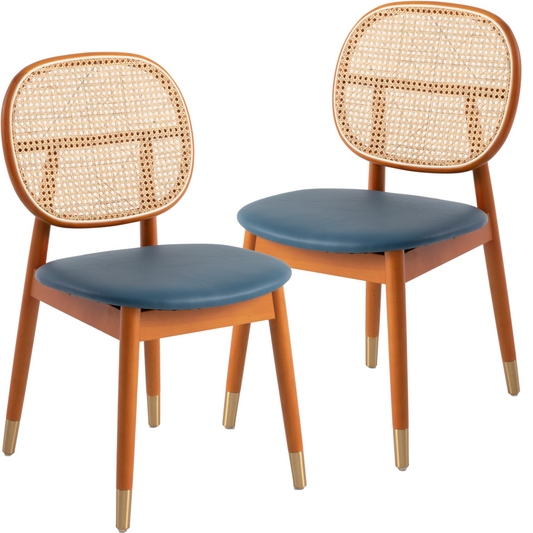 LeisureMod Holbeck Wicker Dining Chair with Leather Seat Set of 2