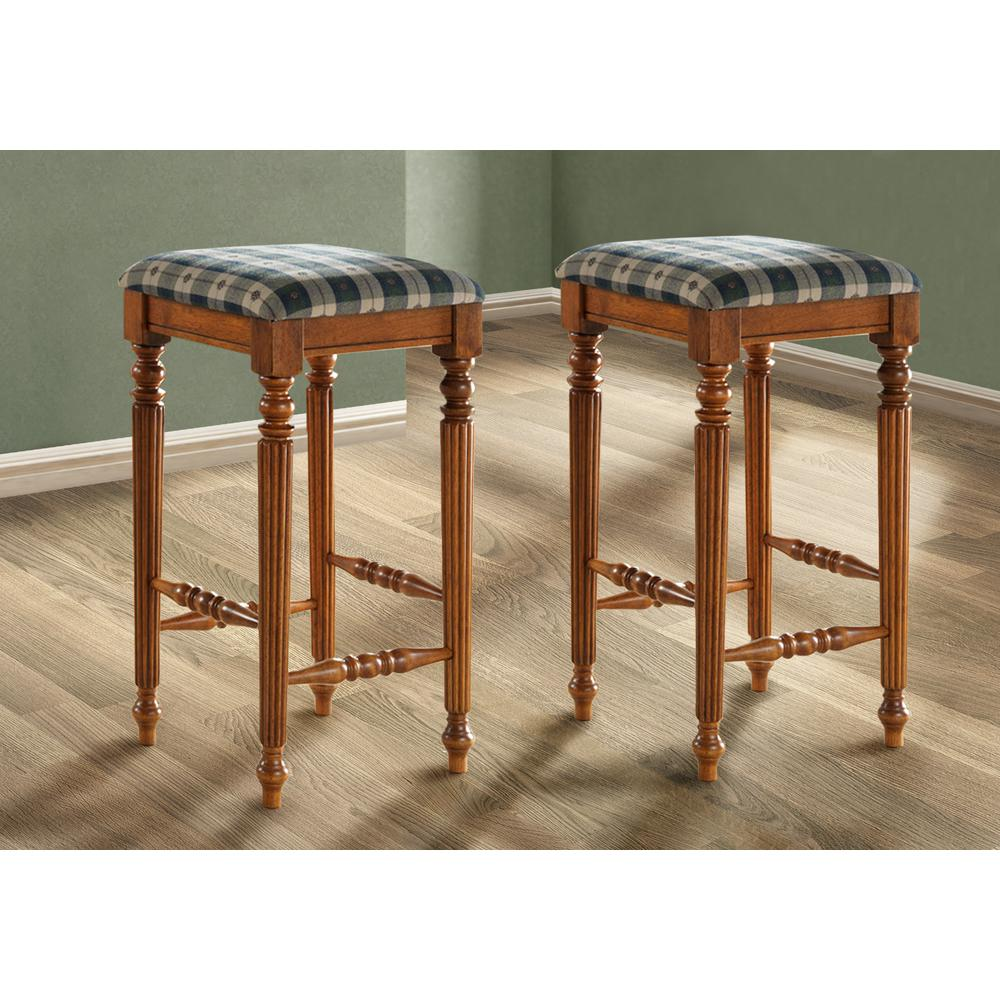 Bar Stool, Set Of 2, Bar Height, Brown Wood, Green Fabric, Traditional