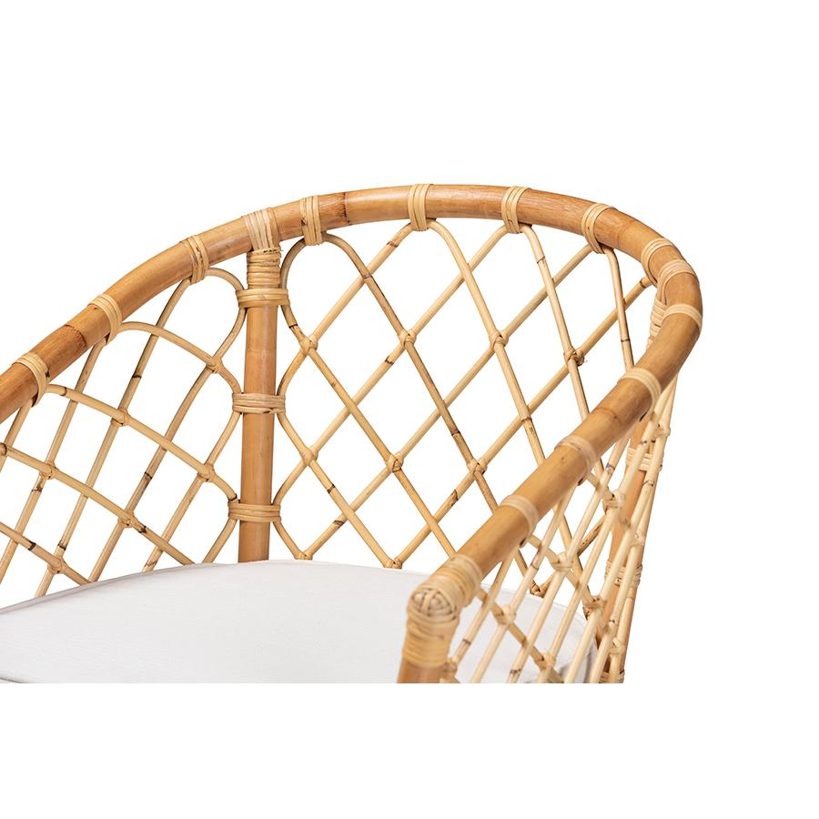 White Fabric Upholstered and Natural Brown Rattan Dining Chair