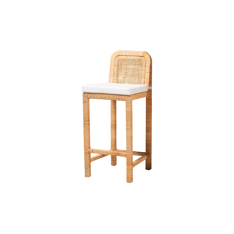 Bohemian Natural Brown Rattan and Mahogany Wood Bar Stool