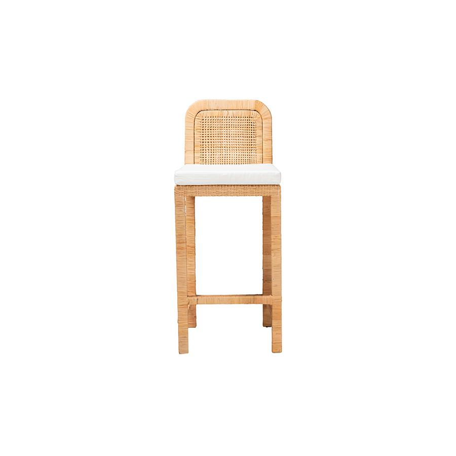 Bohemian Natural Brown Rattan and Mahogany Wood Bar Stool