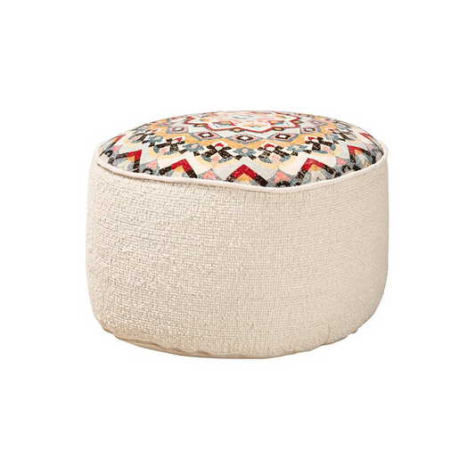 Durrus Vintage Cream and Multicolor Fabric Ottoman Pouf