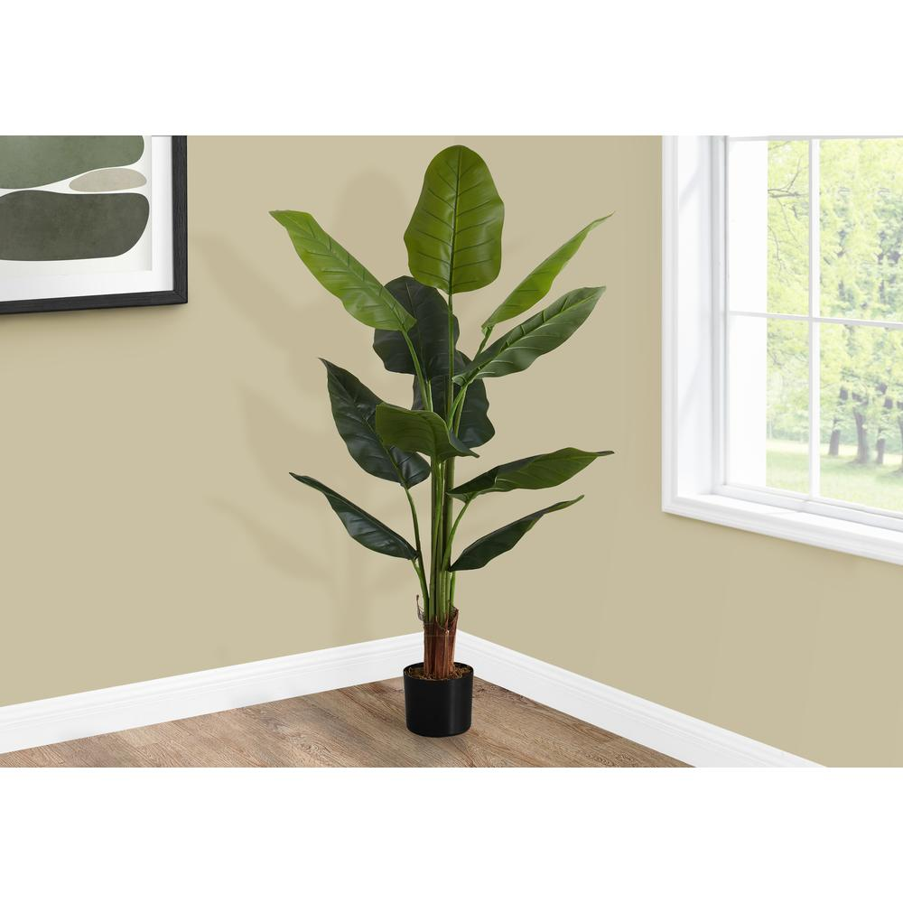 Artificial Plant, 59" Tall, Strelitzia Tree, Decorative, Green Leaves, Black Pot