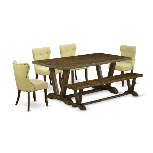 East West Furniture V777SI737-6 6-Pc Modern Dining Table Set- 4 Parson Chairs with Limelight Linen Fabric Seat and Button Tufted Chair Back - Rectangular Top & Wooden Legs Modern Dining Table and Indo