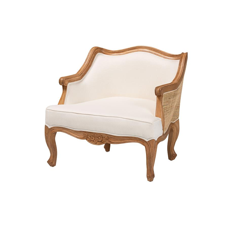 French Beige Fabric and Honey Oak Finished Wood Low Seat Accent Chair