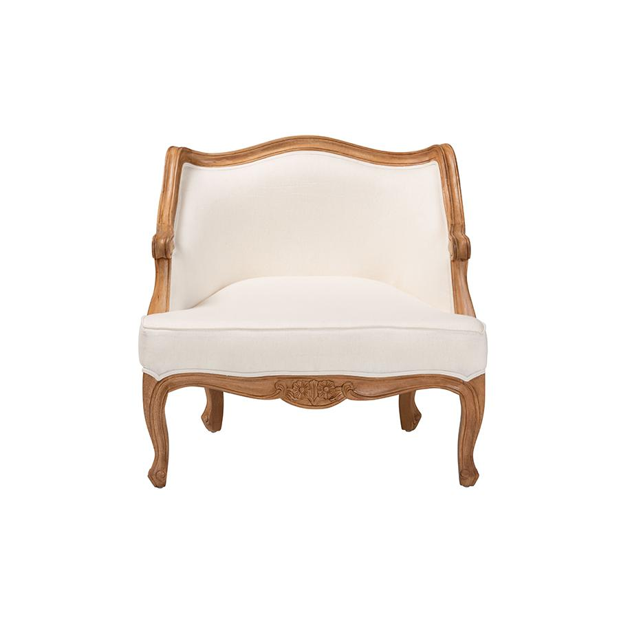 French Beige Fabric and Honey Oak Finished Wood Low Seat Accent Chair