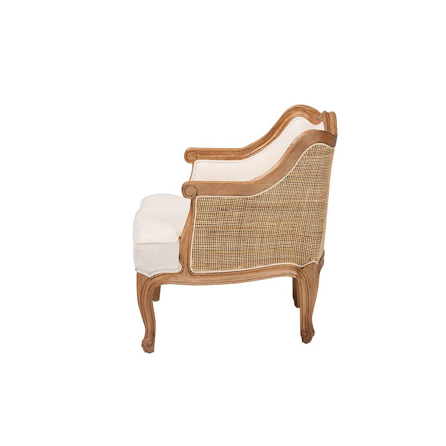 French Beige Fabric and Honey Oak Finished Wood Low Seat Accent Chair