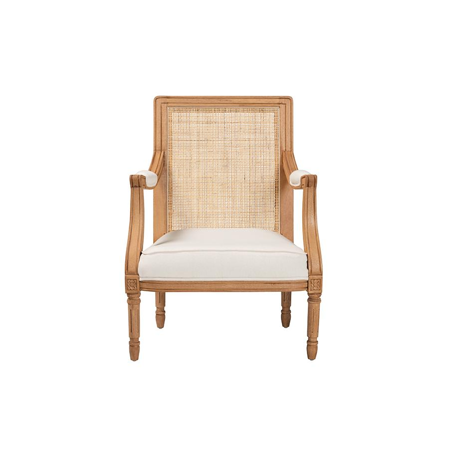 Traditional French Beige Fabric and Honey Oak Finished Wood Accent Chair