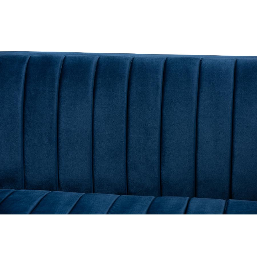 Vanderbilt Luxe Navy Blue Velvet Fabric Upholstered Brushed Gold Finished Sofa