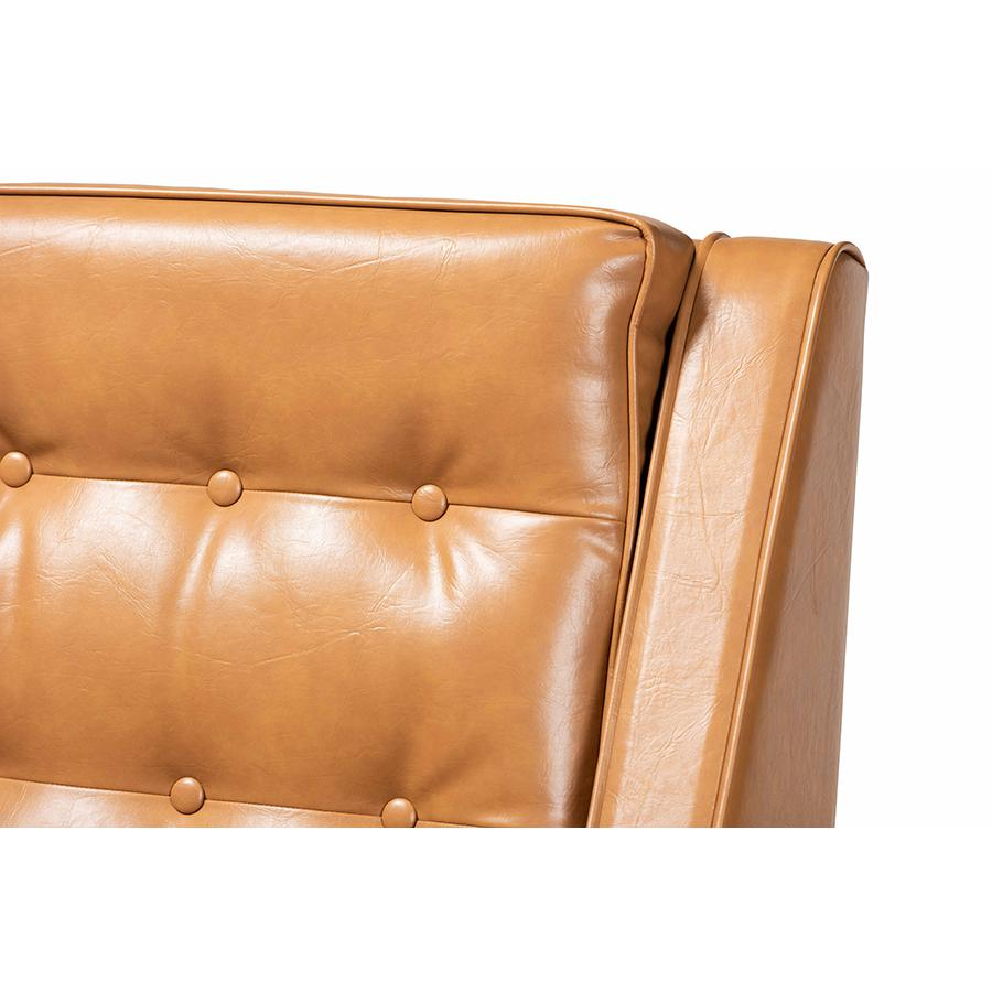 Tan Faux Leather Upholstered and Walnut Brown Finished Wood Lounge Armchair