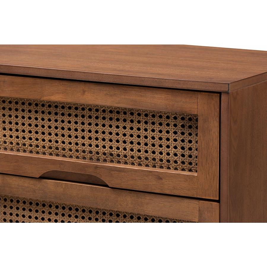 Modern Walnut Brown Finished Wood and Synthetic Rattan 6-Drawer Dresser