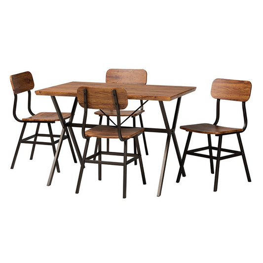 Industrial Walnut Brown Finished Wood and Black Metal 5-Piece Dining Set