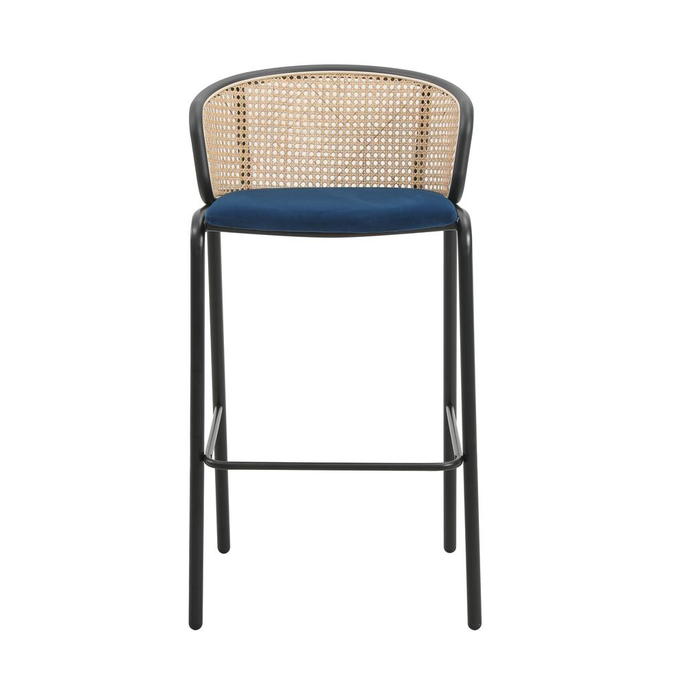 Wicker Bar Stool with Fabric Seat and Black Powder Coated Steel Frame, Set of 2