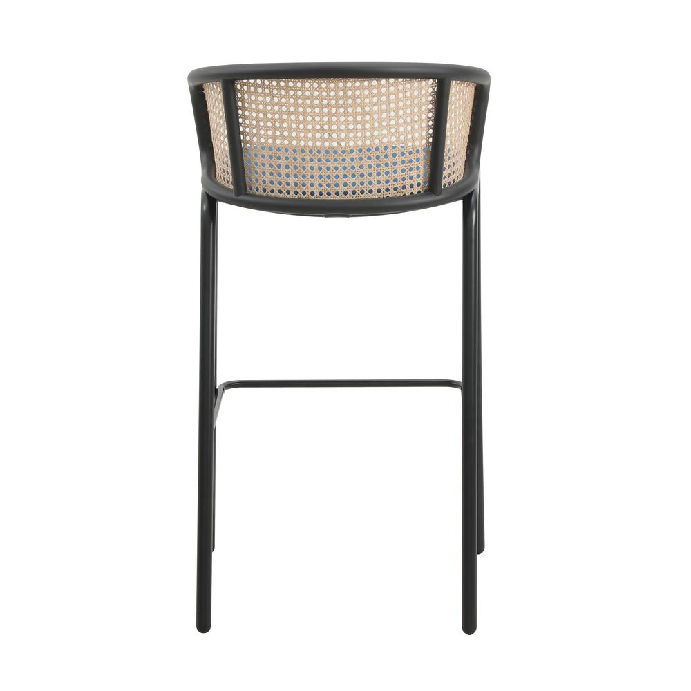 Wicker Bar Stool with Fabric Seat and Black Powder Coated Steel Frame, Set of 2