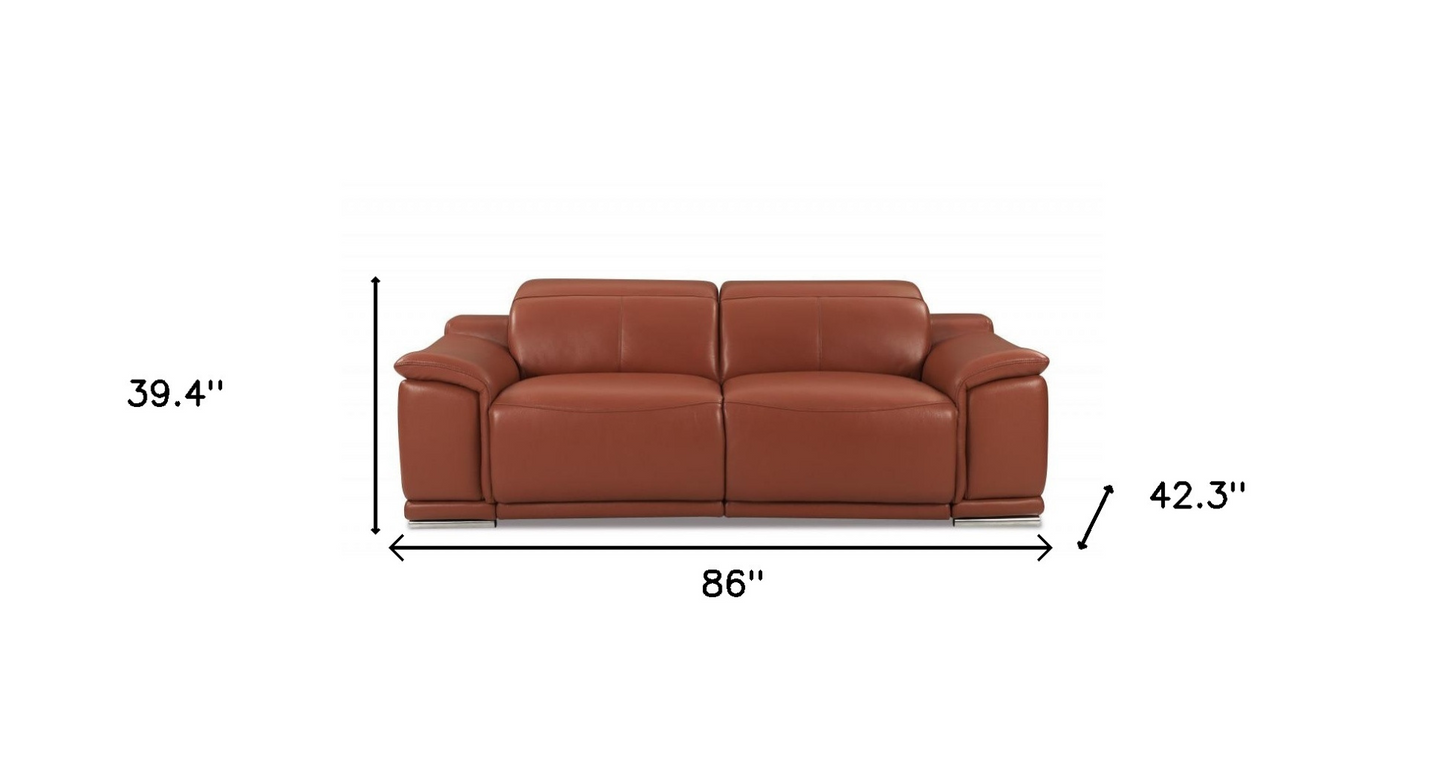 Camel And Silver Italian Leather USB Sofa