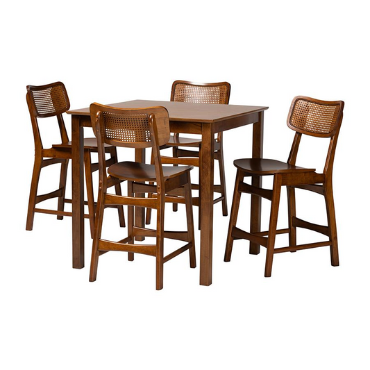 Tafari Mid-Century Modern Walnut Brown Finished Wood and Rattan Pub Set