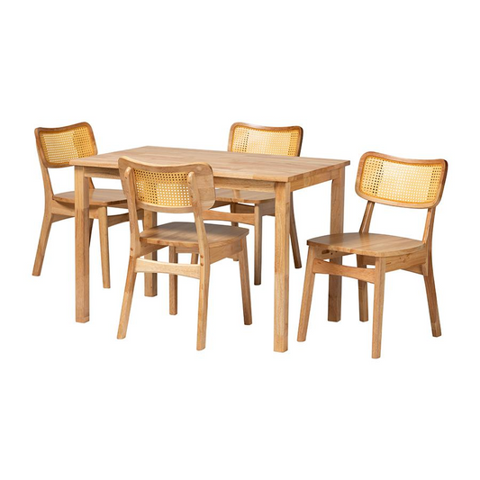 Dulcet Mid-Century Modern Oak Brown Finished Wood and Rattan 5-Piece Dining Set