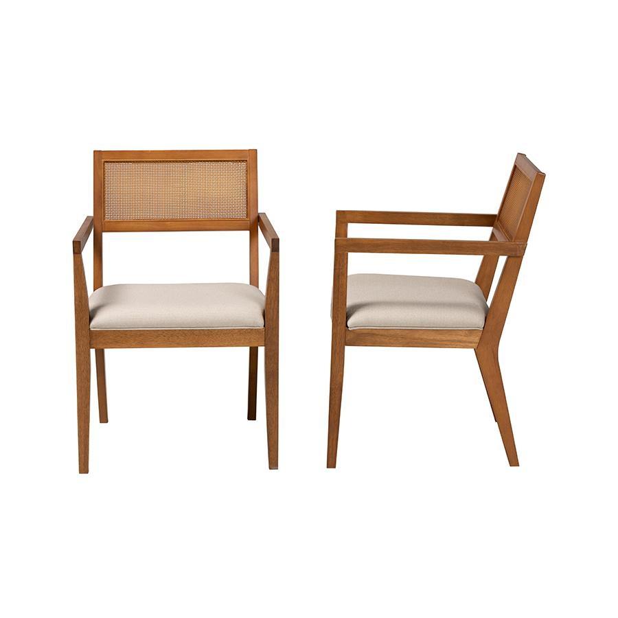 Beige Fabric and Walnut Brown Finished Wood 2-Piece Arm Chair Set