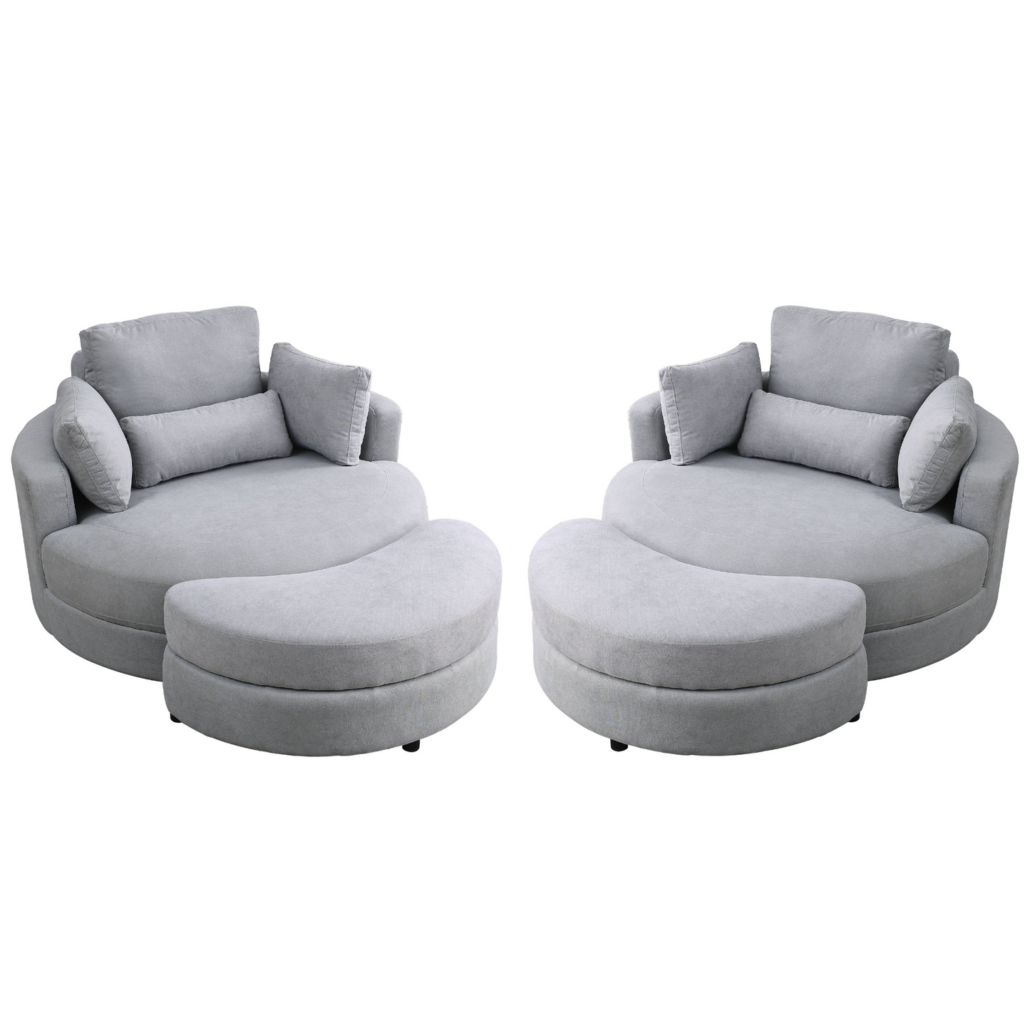 Swivel Accent Barrel Modern Grey Sofa Lounge Club Big Round Chair with Storage Ottoman Linen Fabric for Living Room Hotel with Pillows .2PCS