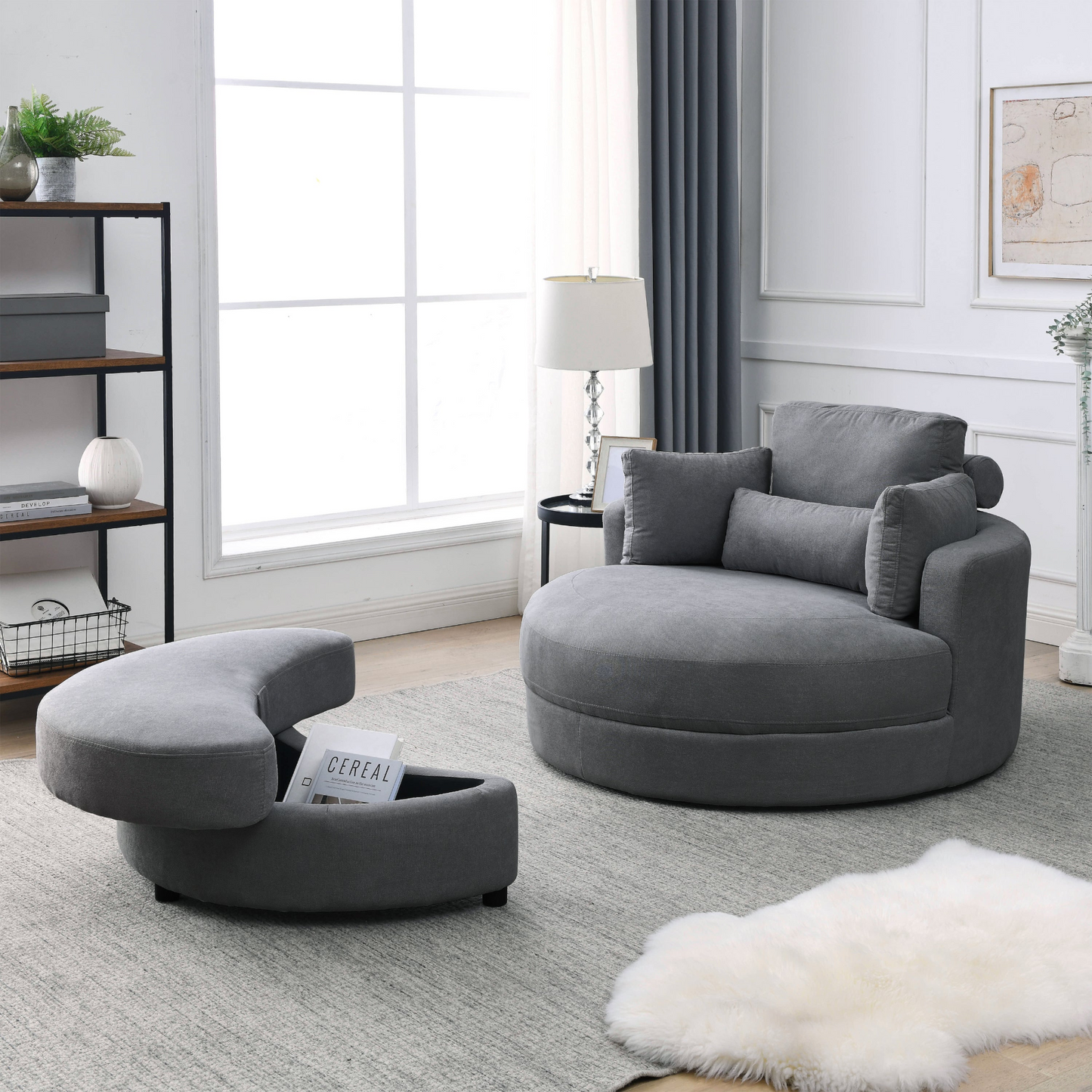 Swivel Accent Barrel Modern Dark Grey Sofa Lounge Club Big Round Chair with Storage Ottoman Linen Fabric for Living Room Hotel with Pillows