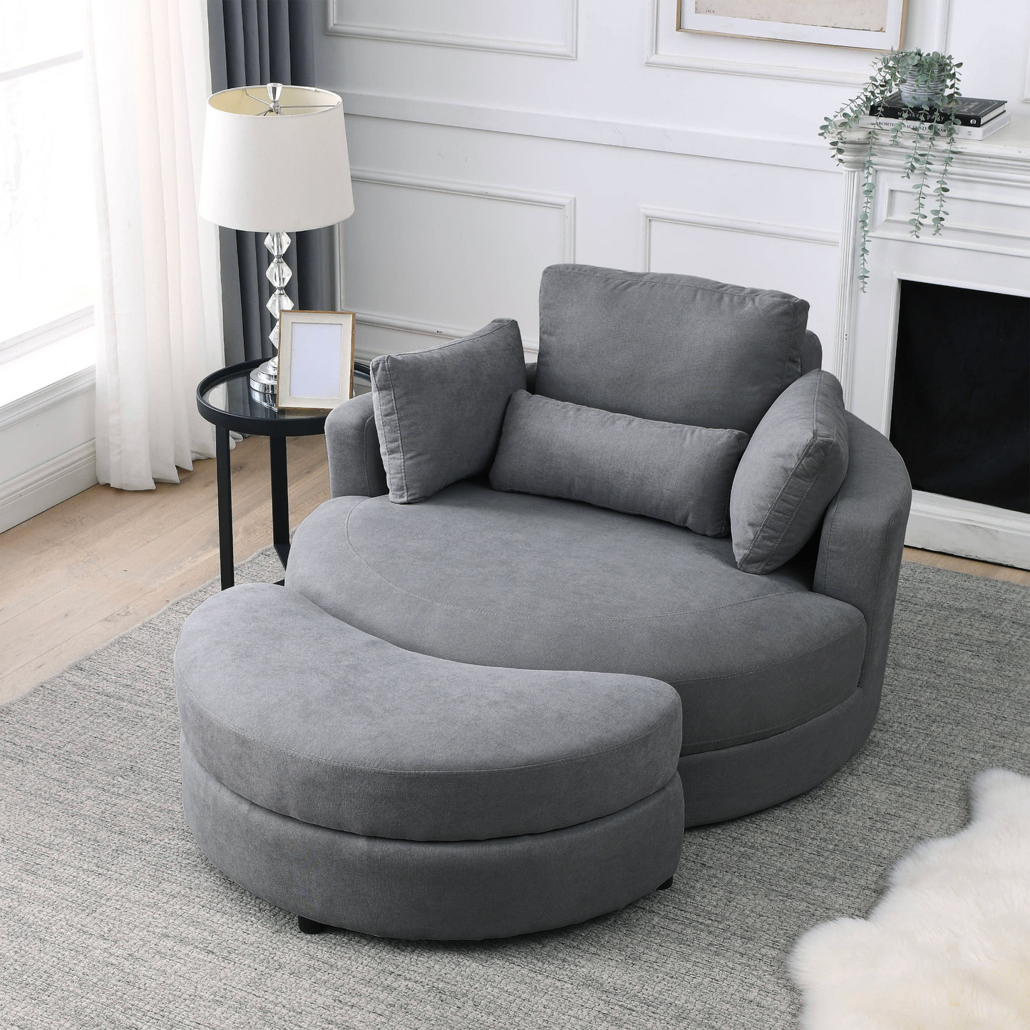 Swivel Accent Barrel Modern Dark Grey Sofa Lounge Club Big Round Chair with Storage Ottoman Linen Fabric for Living Room Hotel with Pillows