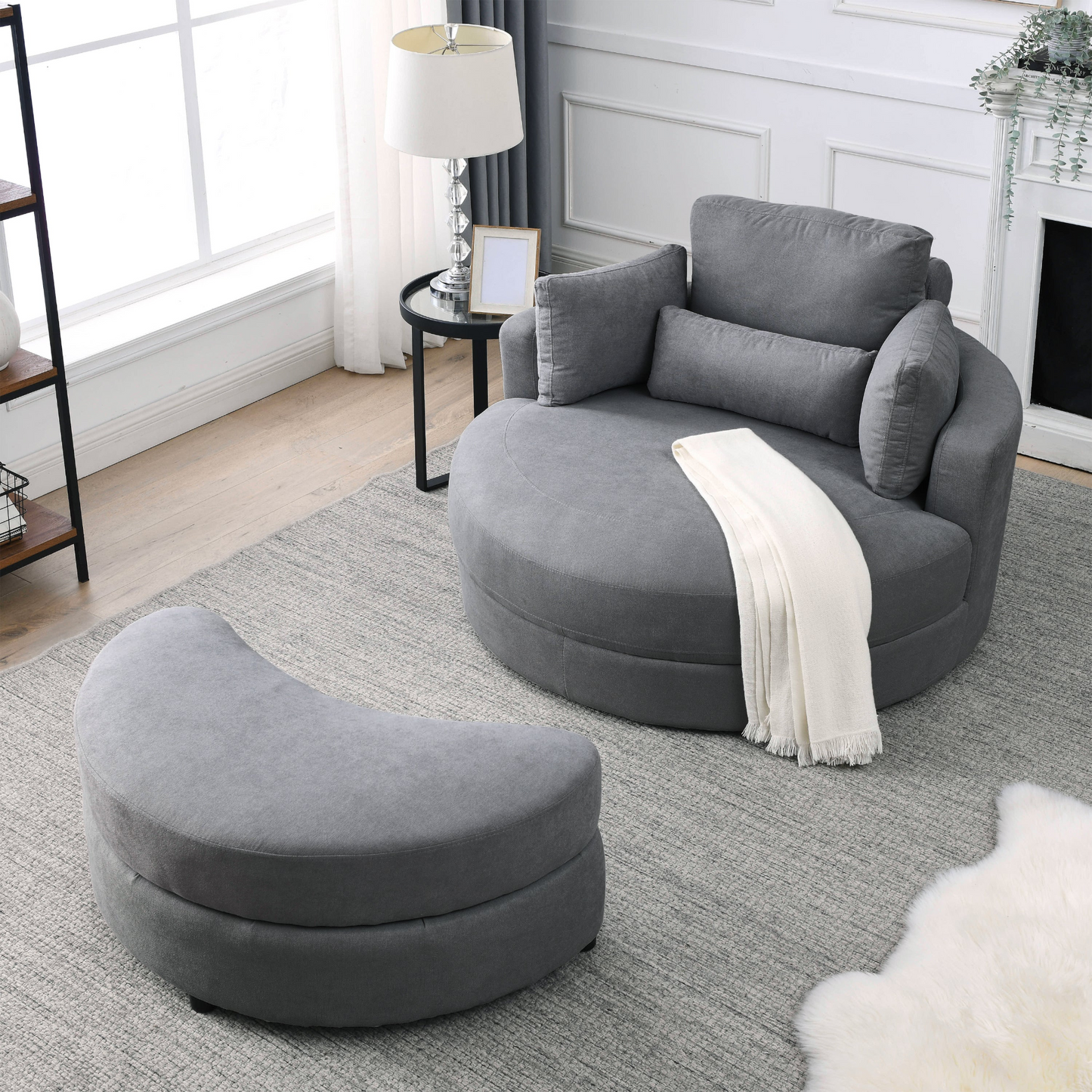 Swivel Accent Barrel Modern Dark Grey Sofa Lounge Club Big Round Chair with Storage Ottoman Linen Fabric for Living Room Hotel with Pillows