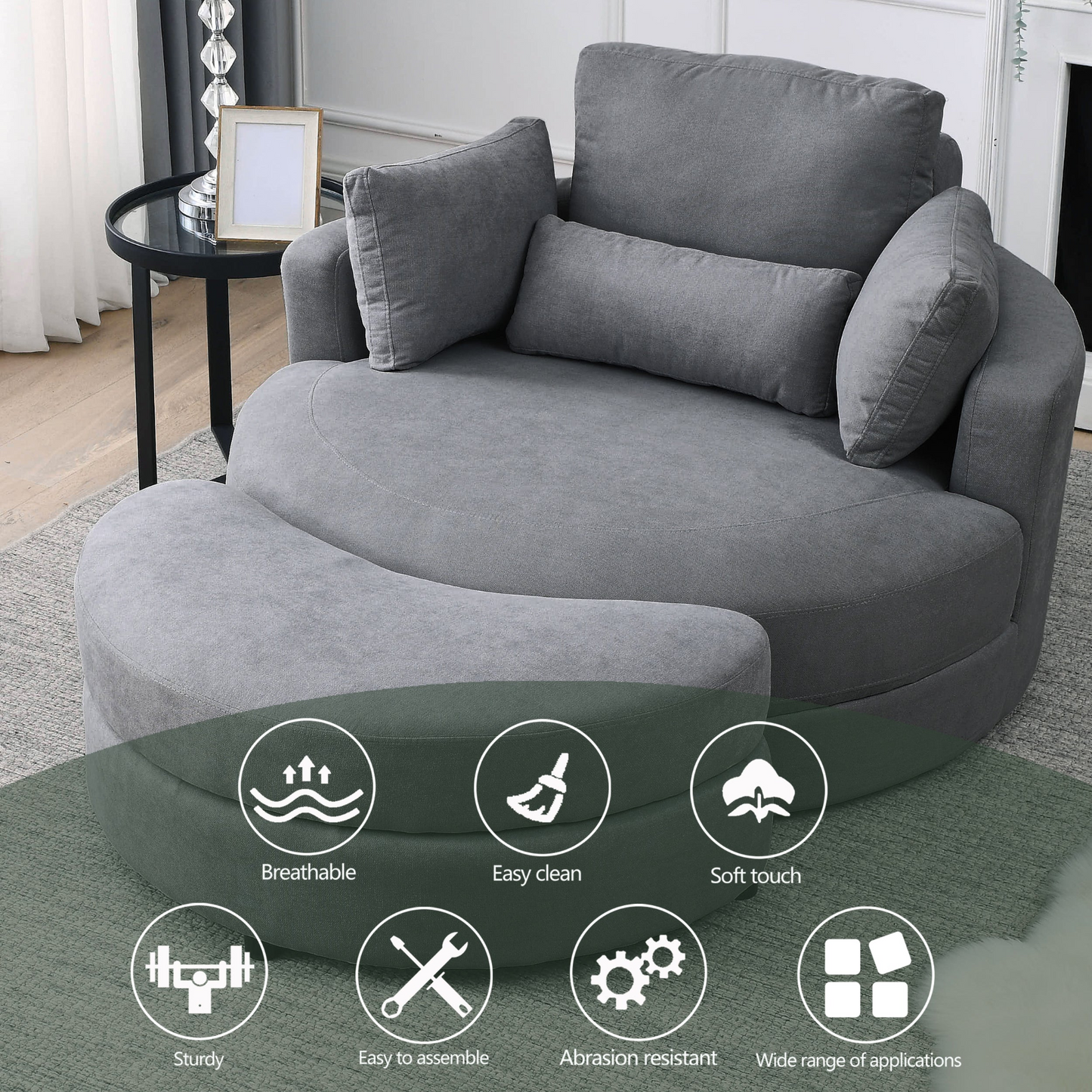 Swivel Accent Barrel Modern Dark Grey Sofa Lounge Club Big Round Chair with Storage Ottoman Linen Fabric for Living Room Hotel with Pillows