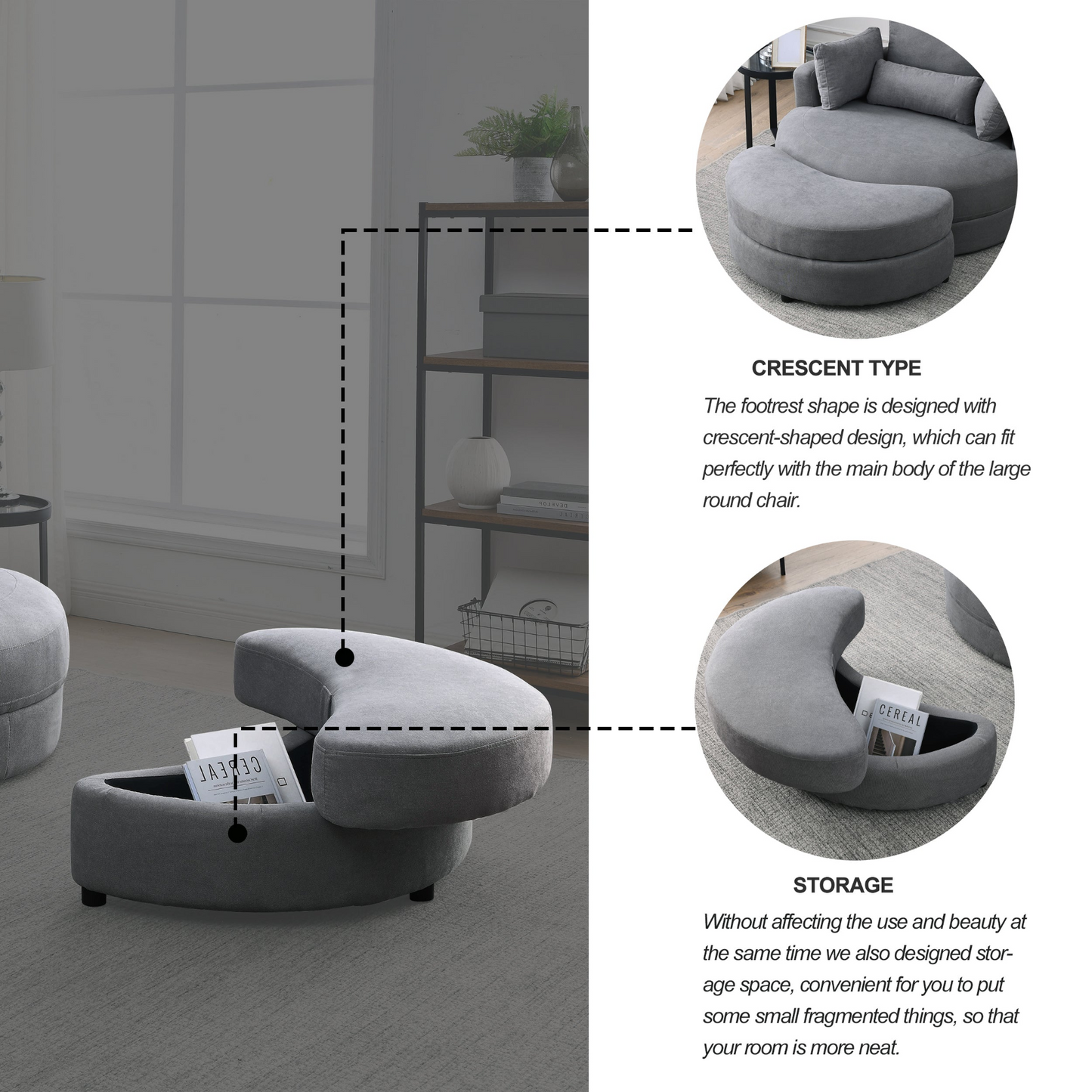 Swivel Accent Barrel Modern Dark Grey Sofa Lounge Club Big Round Chair with Storage Ottoman Linen Fabric for Living Room Hotel with Pillows