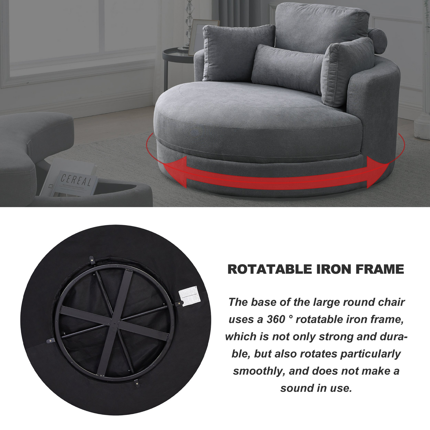 Swivel Accent Barrel Modern Dark Grey Sofa Lounge Club Big Round Chair with Storage Ottoman Linen Fabric for Living Room Hotel with Pillows