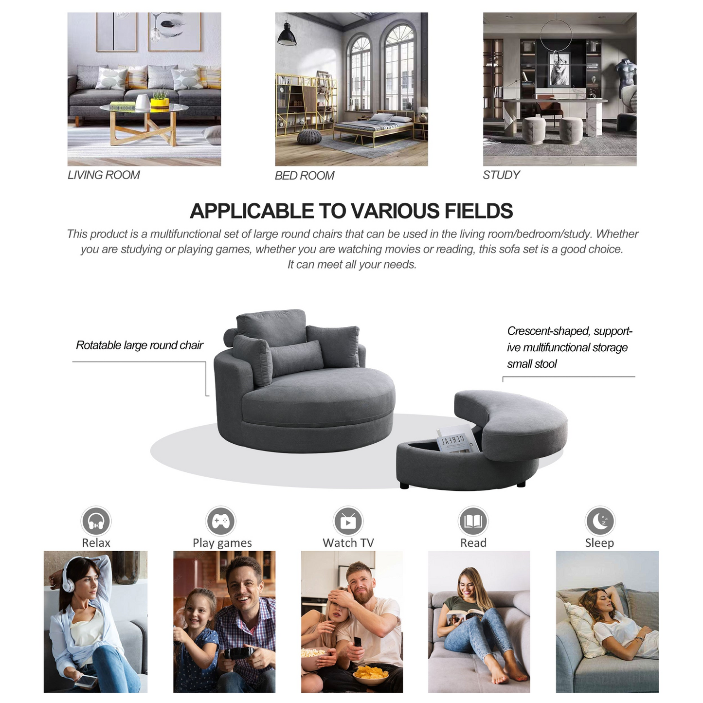 Swivel Accent Barrel Modern Dark Grey Sofa Lounge Club Big Round Chair with Storage Ottoman Linen Fabric for Living Room Hotel with Pillows