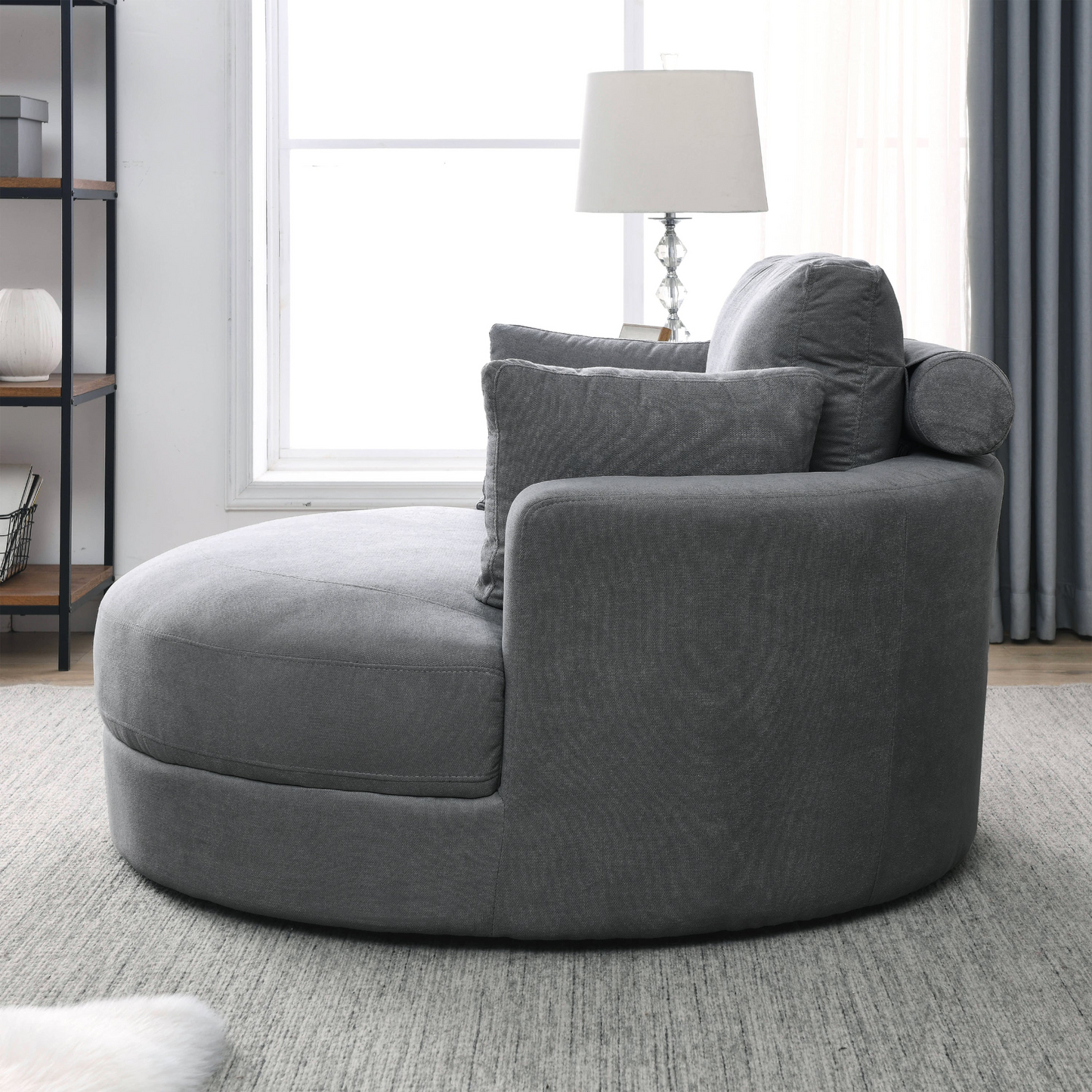 Swivel Accent Barrel Modern Dark Grey Sofa Lounge Club Big Round Chair with Storage Ottoman Linen Fabric for Living Room Hotel with Pillows