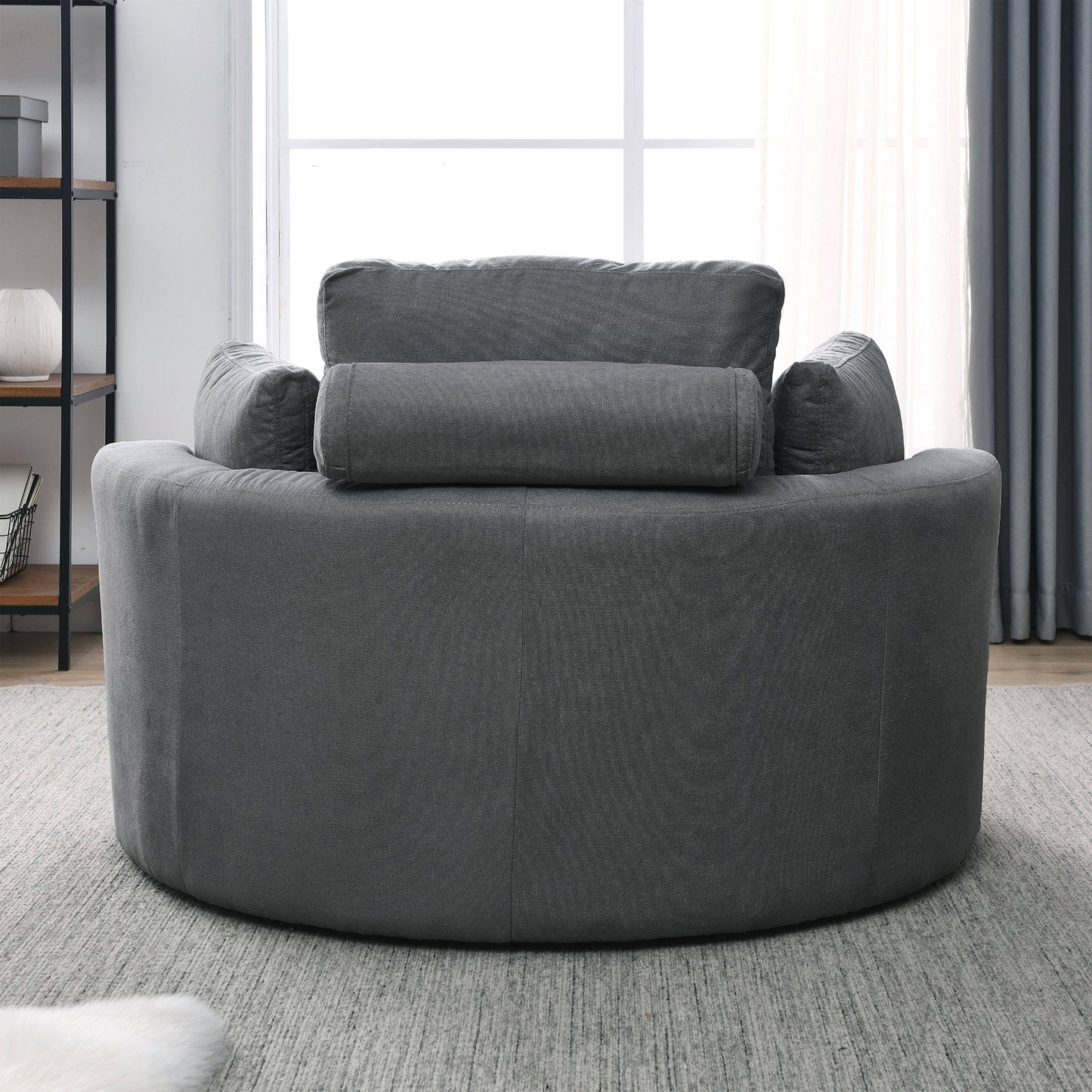 Swivel Accent Barrel Modern Dark Grey Sofa Lounge Club Big Round Chair with Storage Ottoman Linen Fabric for Living Room Hotel with Pillows