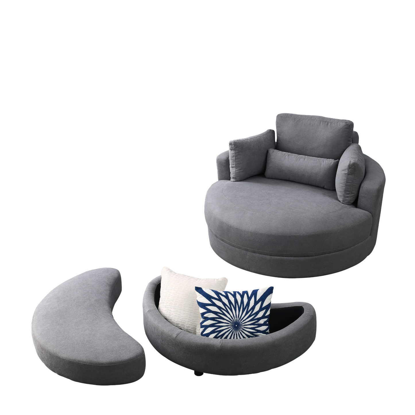 Swivel Accent Barrel Modern Dark Grey Sofa Lounge Club Big Round Chair with Storage Ottoman Linen Fabric for Living Room Hotel with Pillows