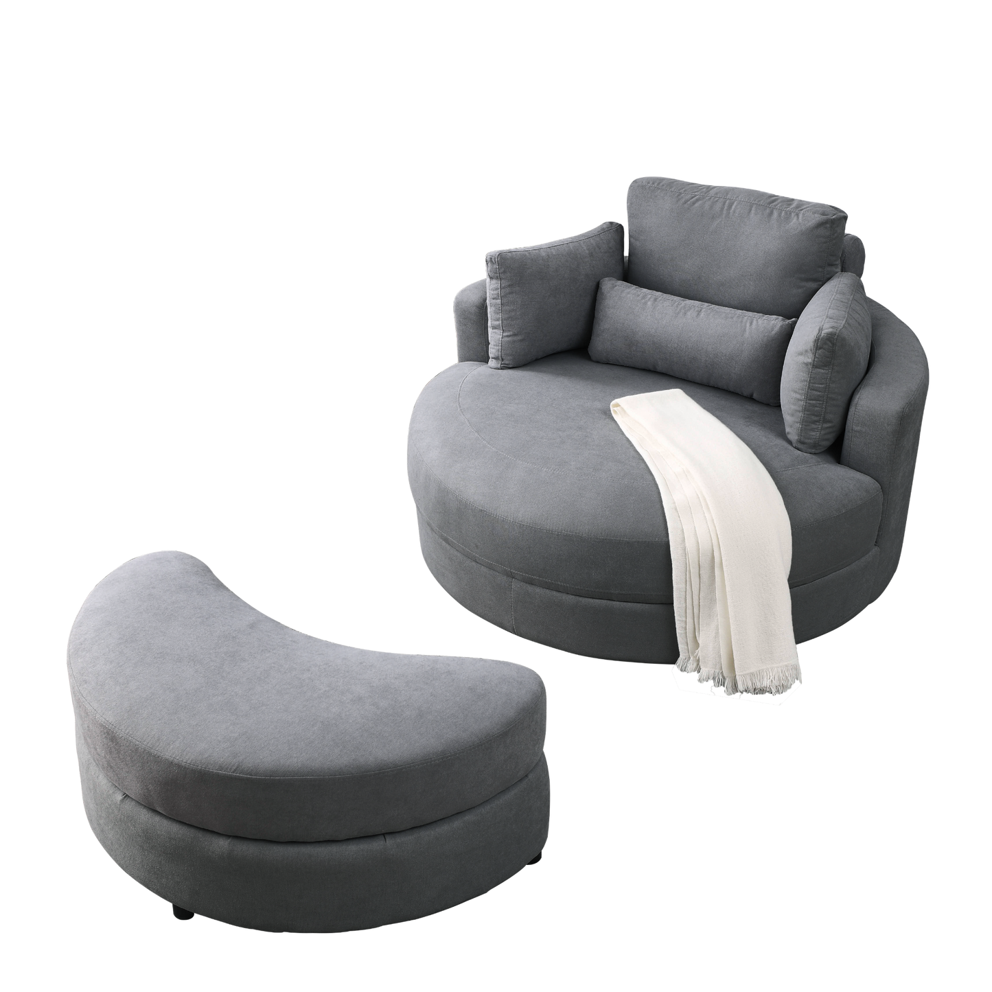 Swivel Accent Barrel Modern Dark Grey Sofa Lounge Club Big Round Chair with Storage Ottoman Linen Fabric for Living Room Hotel with Pillows