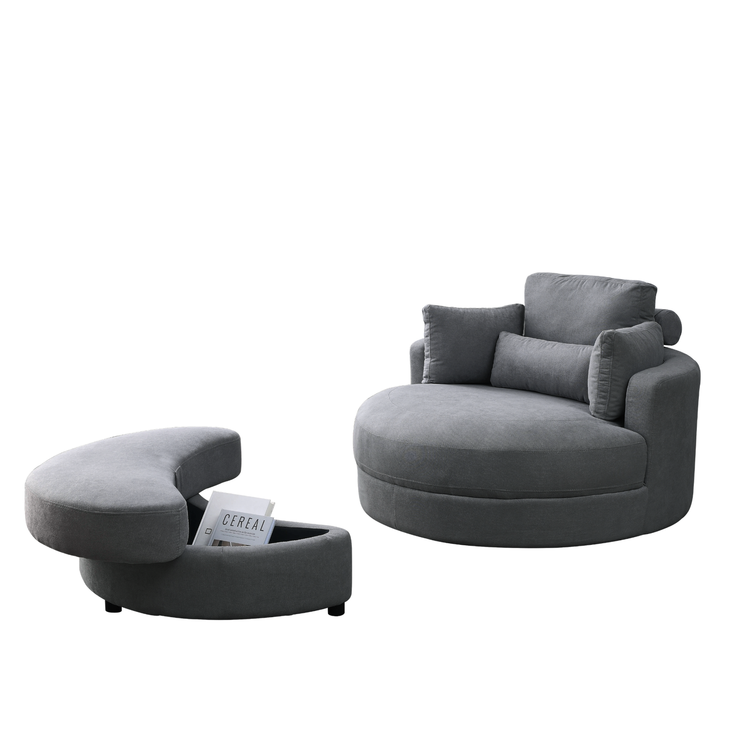 Swivel Accent Barrel Modern Dark Grey Sofa Lounge Club Big Round Chair with Storage Ottoman Linen Fabric for Living Room Hotel with Pillows