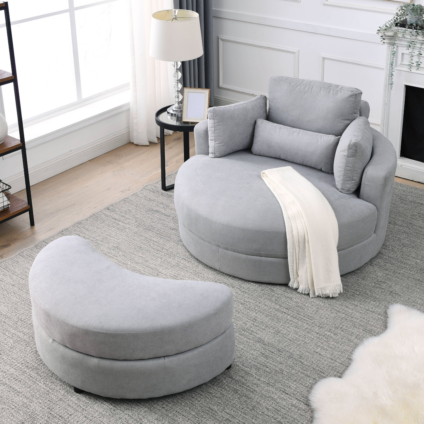 Swivel Accent Barrel Modern Grey Sofa Lounge Club Big Round Chair with Storage Ottoman Linen Fabric for Living Room Hotel with Pillows .2PCS