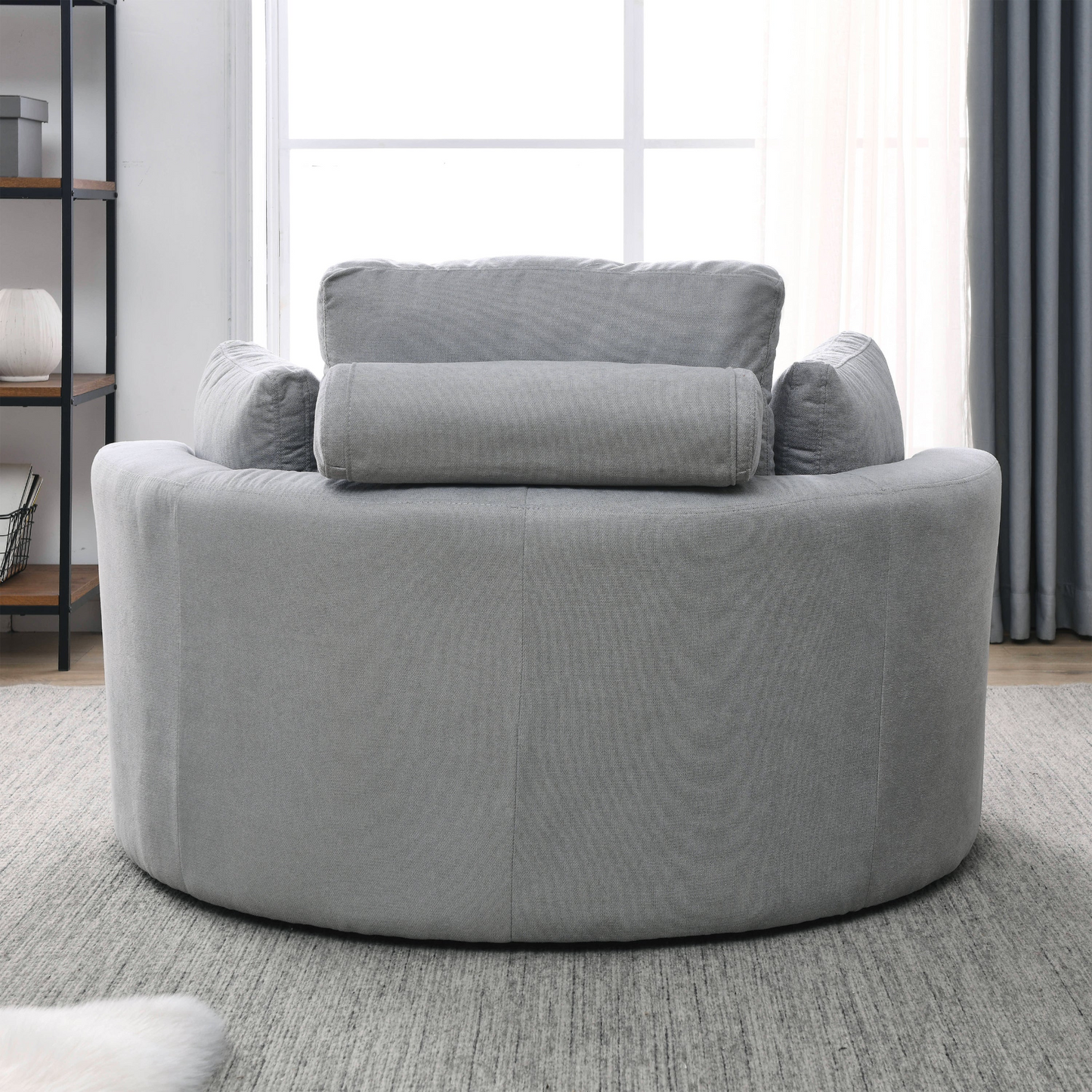 Swivel Accent Barrel Modern Grey Sofa Lounge Club Big Round Chair with Storage Ottoman Linen Fabric for Living Room Hotel with Pillows .2PCS