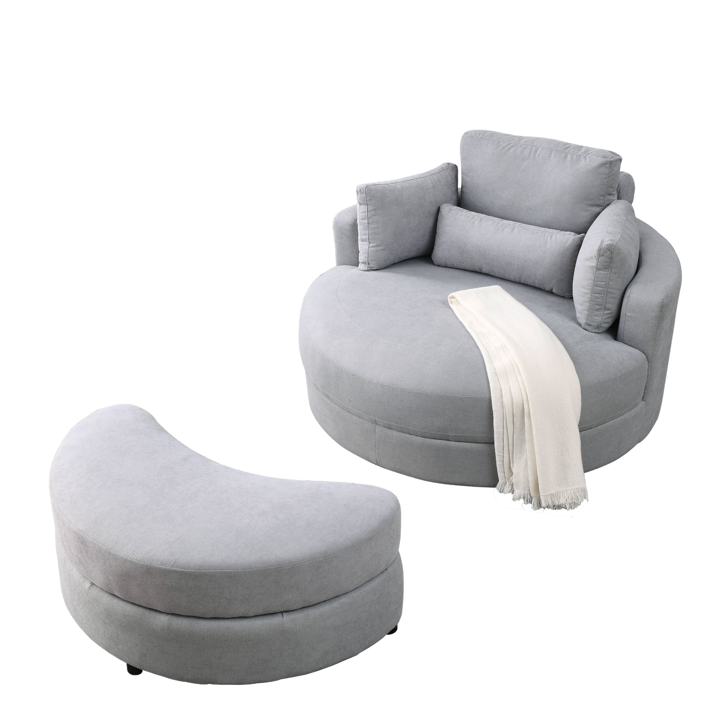 Swivel Accent Barrel Modern Grey Sofa Lounge Club Big Round Chair with Storage Ottoman Linen Fabric for Living Room Hotel with Pillows .2PCS