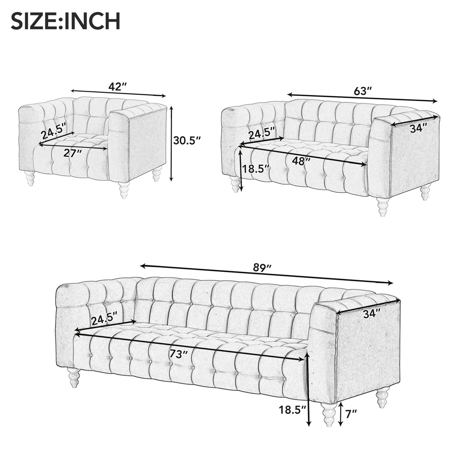 89" Modern Sofa Dutch Fluff Upholstered sofa with solid wood legs, buttoned tufted backrest,blue