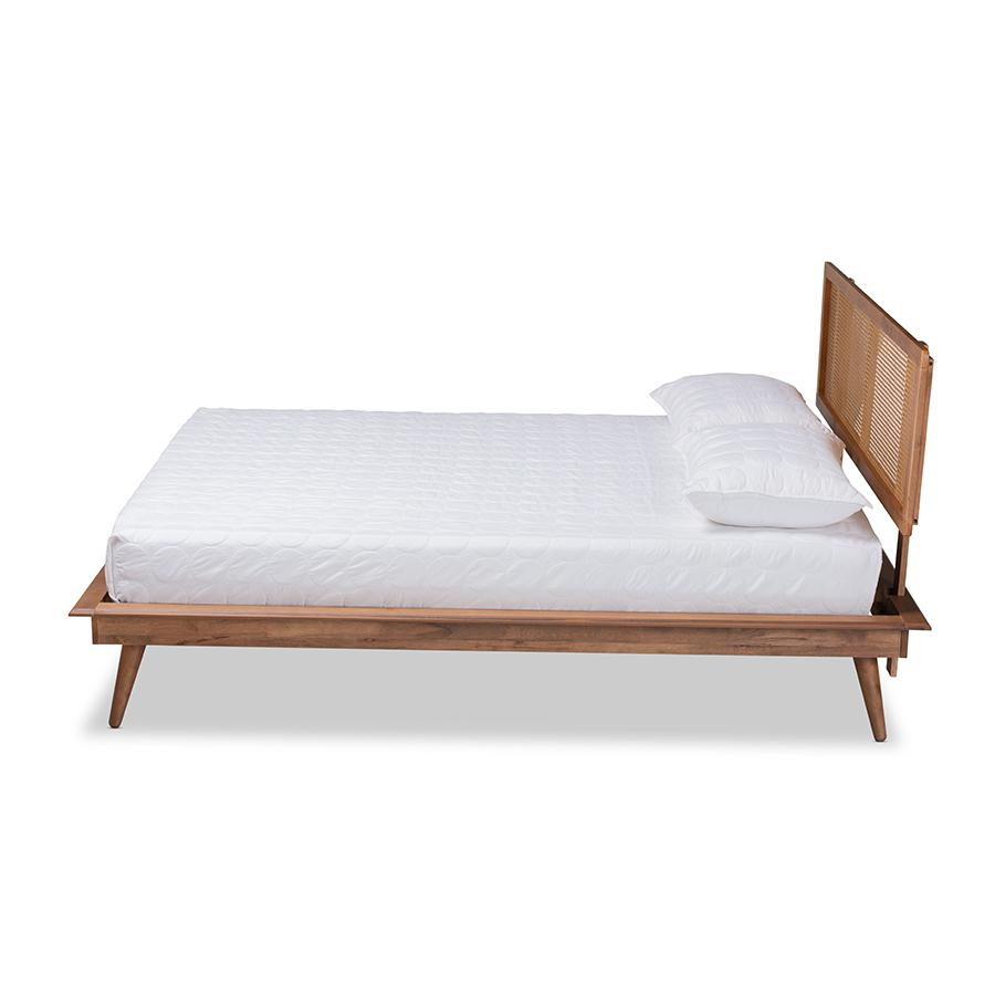 Walnut Brown Finished Wood and Synthetic Rattan King Size Platform Bed