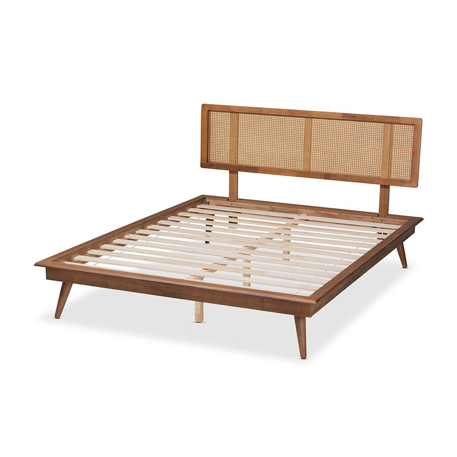 Walnut Brown Finished Wood and Synthetic Rattan King Size Platform Bed