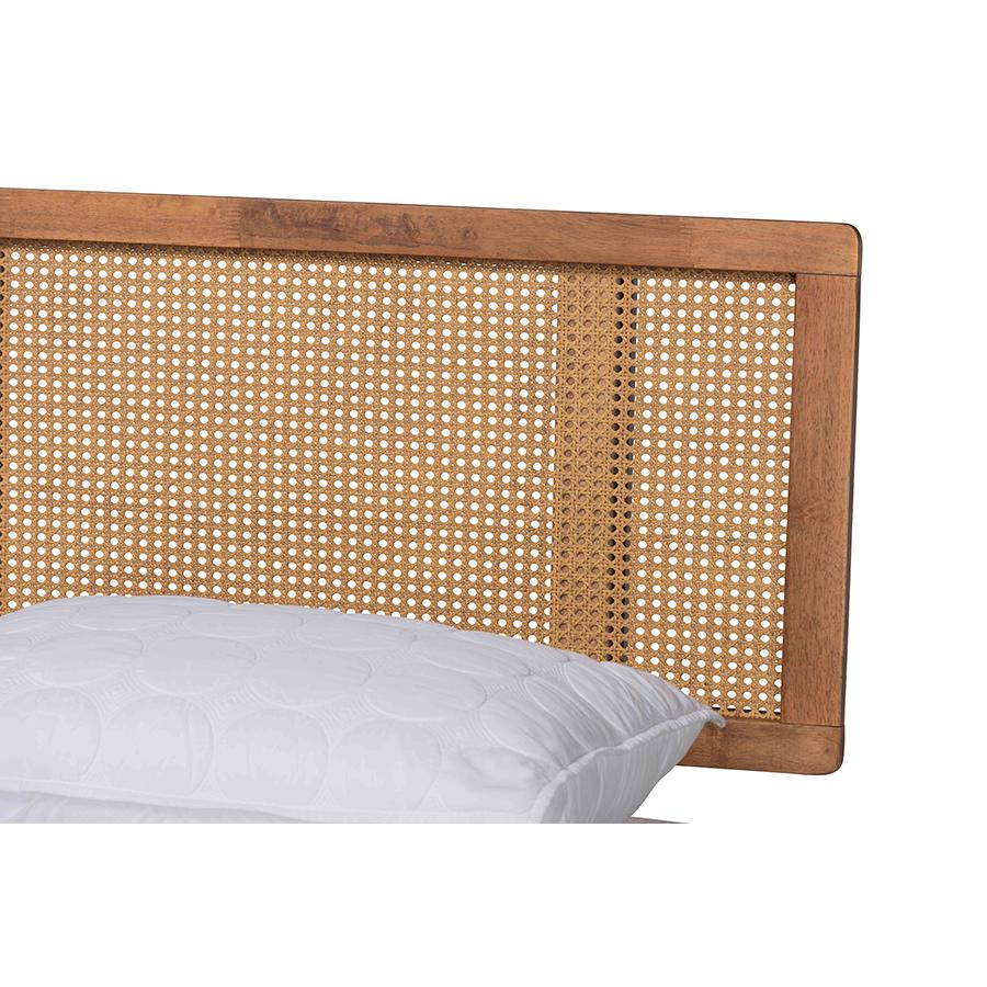 Walnut Brown Finished Wood and Synthetic Rattan King Size Platform Bed